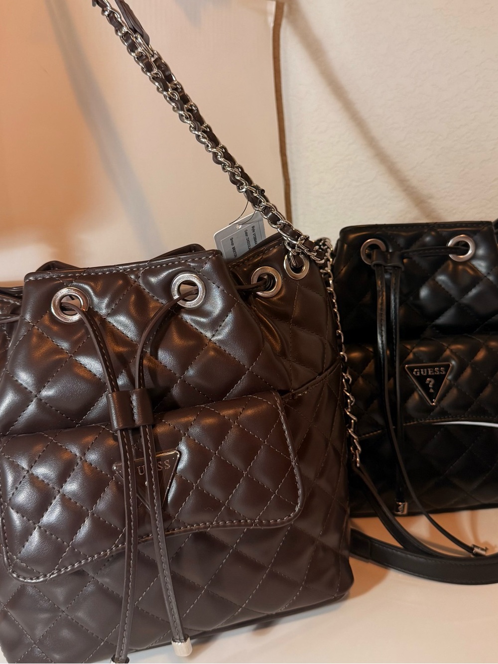 Brown GUESS Quilted Drawstring Bucket Bag in Brown